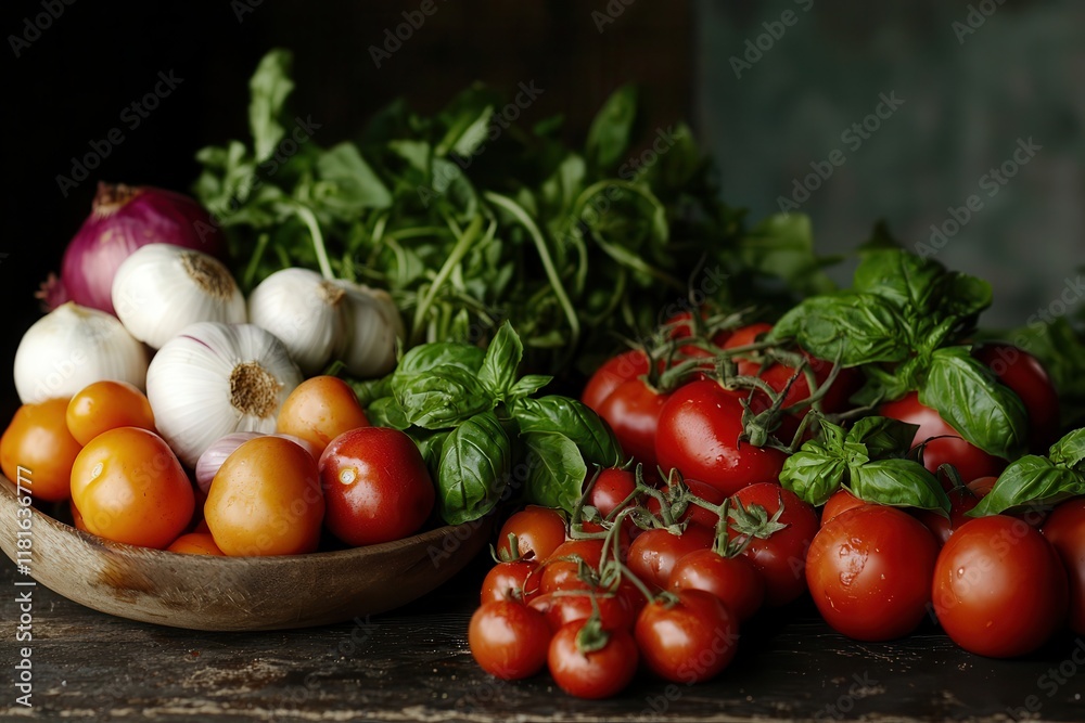 Fruits and vegetables bring colorful farm-to-table freshness. Fresh vegetables and herbs on a rustic wooden table. Fruits and vegetables bring colorful farm-to-table freshness. Fresh vegetables and herbs on a rustic wooden table.