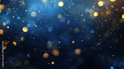 Abstract Blue and Gold Bokeh Lights Background, Festive Sparkle Texture.