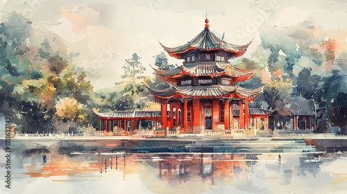 A minimalist yet evocative watercolor of an Asian temple, blending pastel hues to symbolize tranquility and cultural reverence, perfect for showcasing heritage.