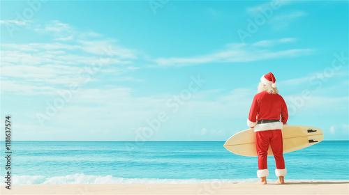 Fototapeta Naklejka Na Ścianę i Meble -  Santa Claus holding a surfboard while enjoying the sea breeze on a sunny beach. The image evokes relaxation and holiday fun under a bright blue sky.