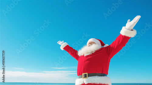 Santa Claus enjoying the ocean view with arms raised, under a clear blue sky, offering a festive and peaceful copy space for holiday themes. photo