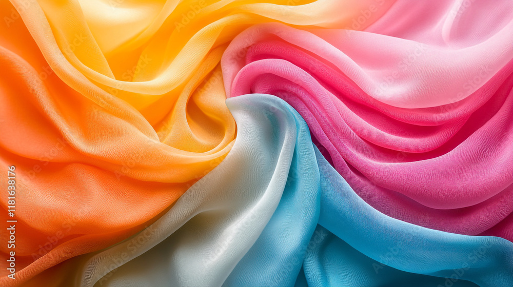 Obraz premium Colorful fabric drapes displaying vibrant hues in swirling patterns in bright light