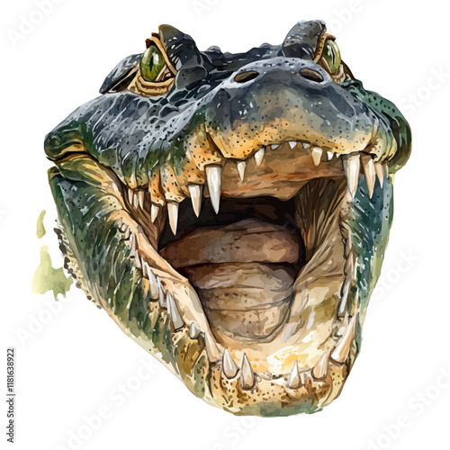 A watercolor painting of an alligator snapping its jaws, isolated on a white background. Alligator vector.
