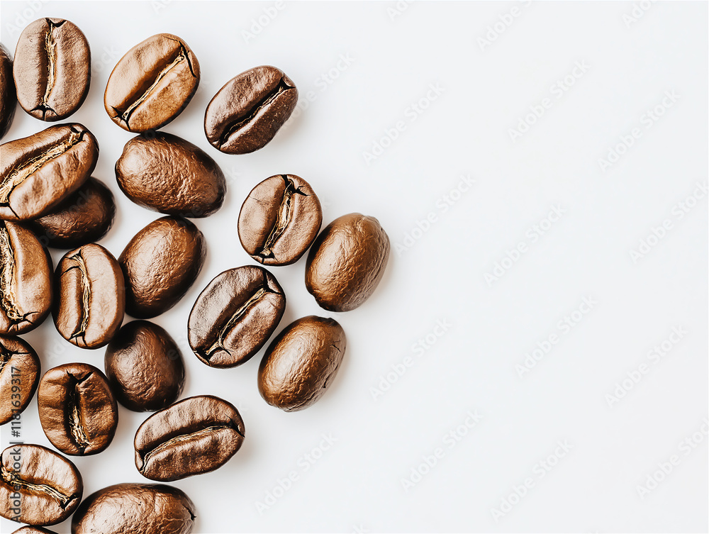 A heap of roasted coffee beans arranged on a white background, showcasing their texture and rich brown color. A heap of roasted coffee beans arranged on a white background, showcasing their texture and rich brown color.