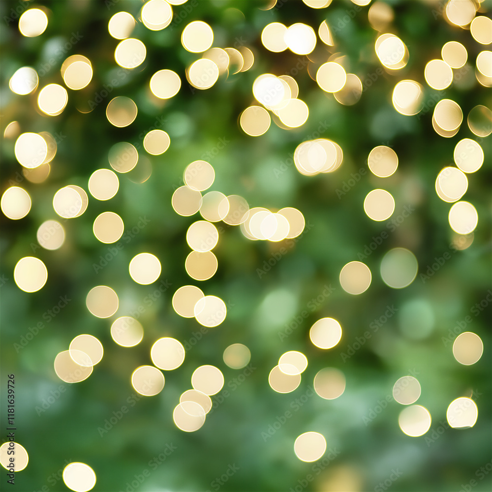 Obraz premium Bright, defocused bokeh lights in green and gold hues, evoking a festive and magical atmosphere. Ideal for holiday-themed designs.