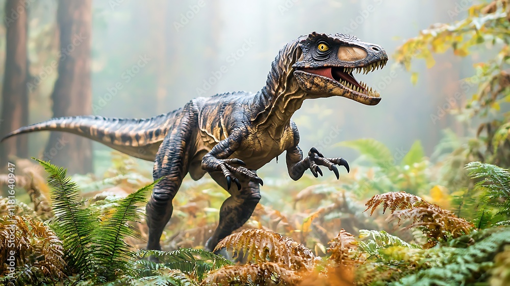 A dinosaur in a lush prehistoric forest setting. A dinosaur in a lush prehistoric forest setting.