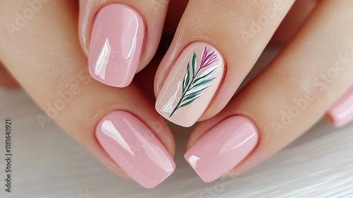 Stylish pink nails with floral design decoration. photo