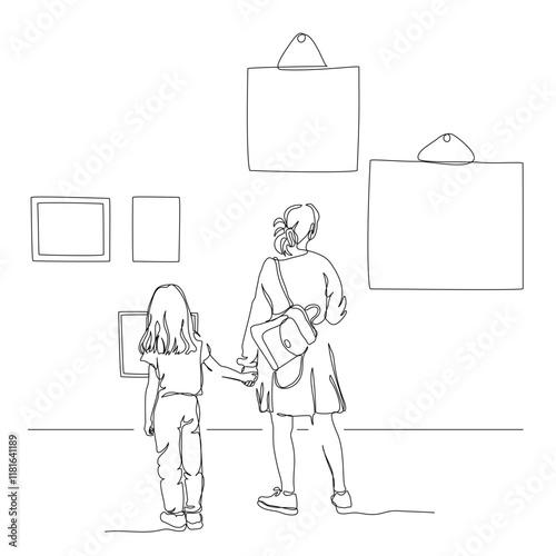 Woman with child daughter looking at art pictures in gallery. Back view. Single line drawing. Blakc and white vector illustration in line art style.