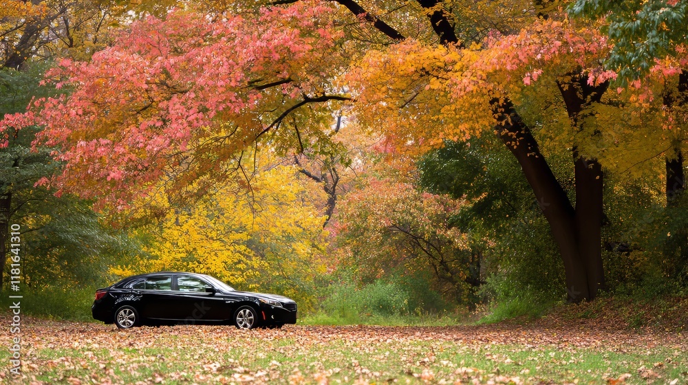 Autumnal Scene with Black Car Parked Near Colorful Trees Autumnal Scene with Black Car Parked Near Colorful Trees