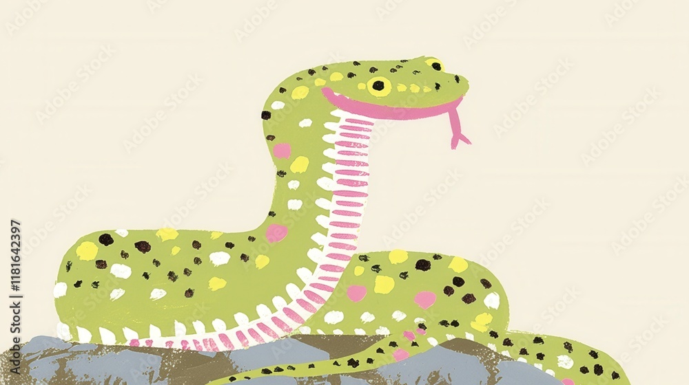 Naklejka premium Snake watercolor concept. Coiled Green and Yellow Patterned Snake in Tropical Habitat