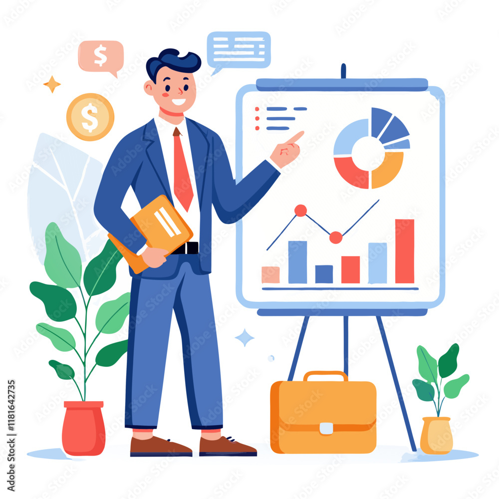 A business manager stands near a presentation board displaying charts and graphs, illustrating sales data while holding a folder. The environment is vibrant, with plants and financial symbols A business manager stands near a presentation board displaying charts and graphs, illustrating sales data while holding a folder. The environment is vibrant, with plants and financial symbols