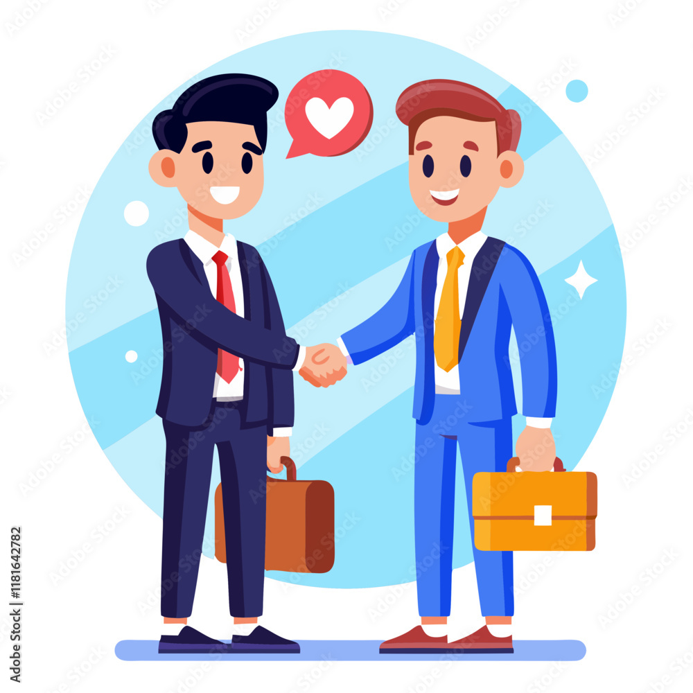 Obraz premium Two managers in formal attire engage in a handshake, symbolizing the completion of a business agreement. They appear professional and pleased in a bright office environment