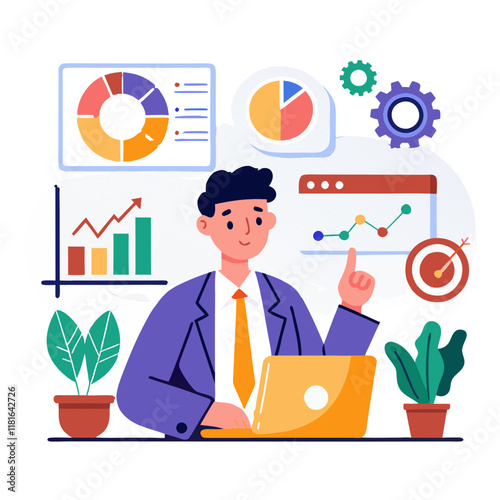 Professional focusing on key performance indicators while using a laptop in a contemporary workspace. Charts and graphs illustrate data insights and trends, promoting informed decision-making