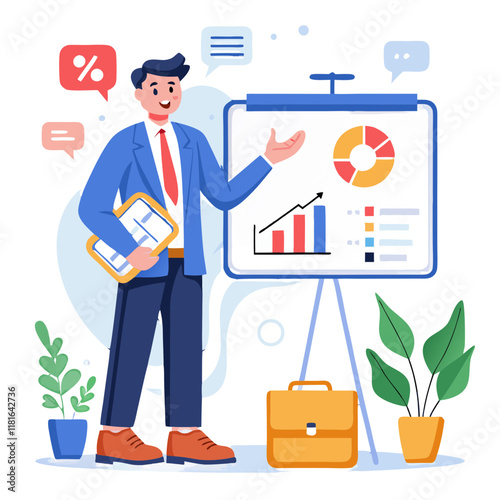 A manager stands confidently beside a presentation board, showcasing a sales plan. Colorful charts and graphs display growth metrics, while plants add a touch of nature to the office environment
