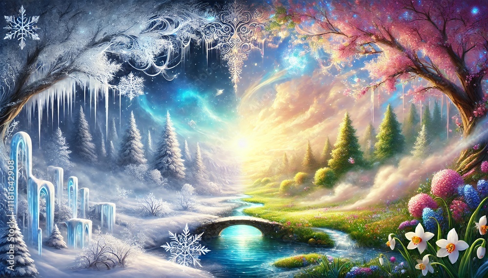 Dreamlike Passage from Winter's Serenity to Spring's Radiance in a Fantasy Landscape Dreamlike Passage from Winter's Serenity to Spring's Radiance in a Fantasy Landscape