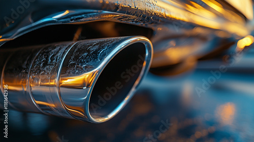 Closeup of a chrome car exhaust pipe covered in frost. Warm sunset colors reflect on the metallic surface. Sharp focus on the pipes texture.