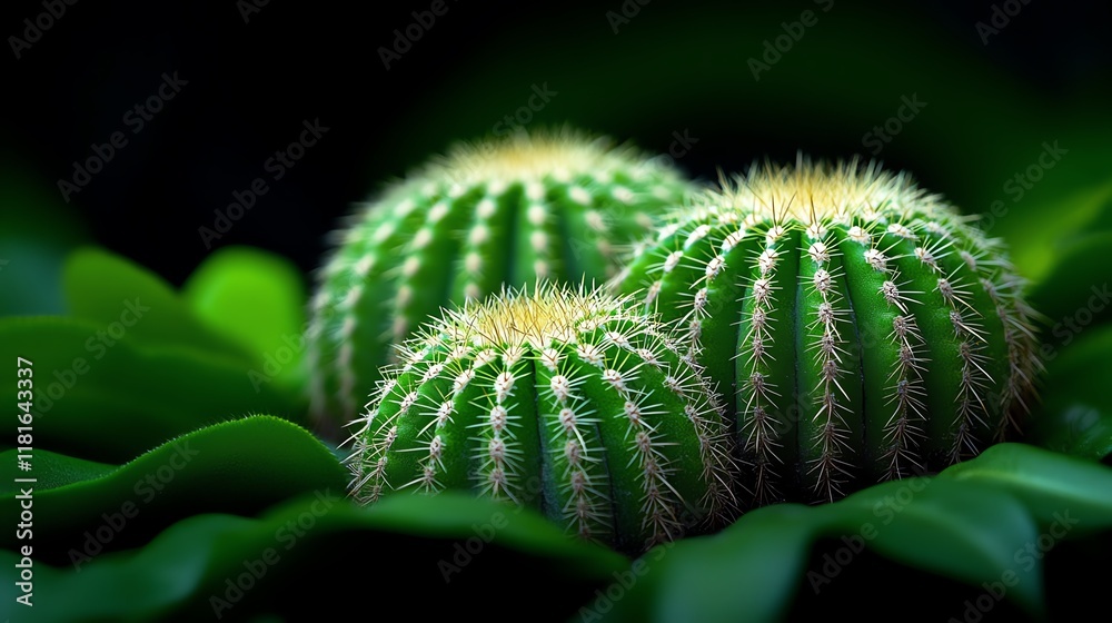 Three vibrant green cacti on lush foliage. Three vibrant green cacti on lush foliage.