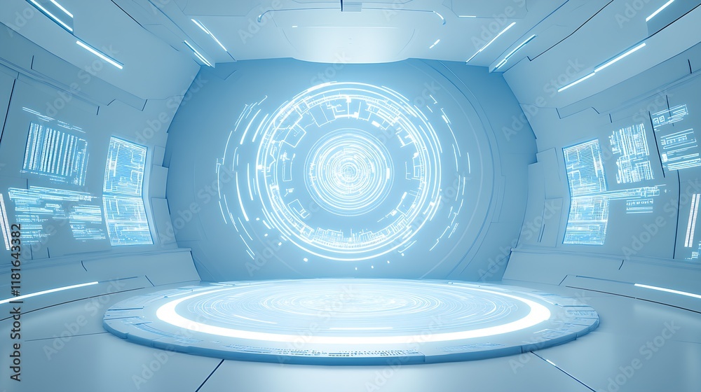 Fototapeta premium Sleek High Tech Control Room Interior With Holographic Interfaces and Neon Lights : Generative AI