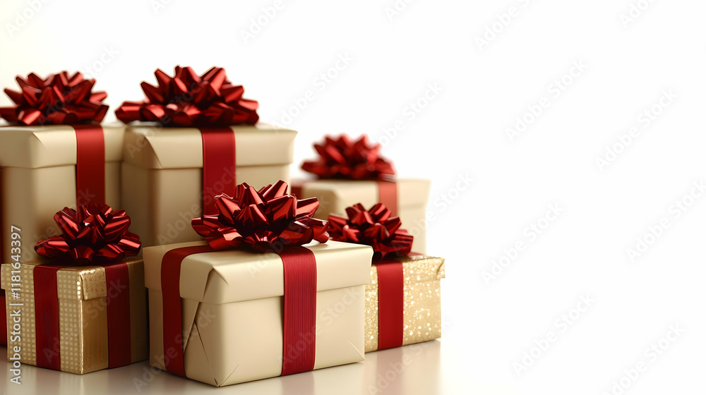 Obraz premium Gifts Wrapped Beautifully with Red Ribbons on White Background