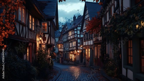 Charming Cobblestone Street with Half-Timbered Houses at Twilight