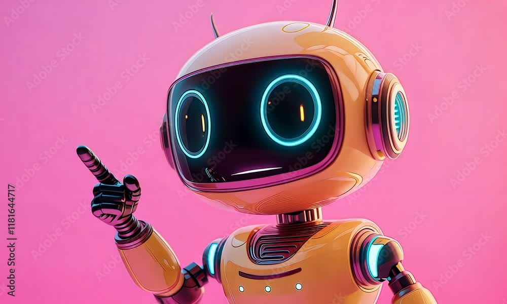 Cute AI Robot with Neon Eyes on a Pink Background