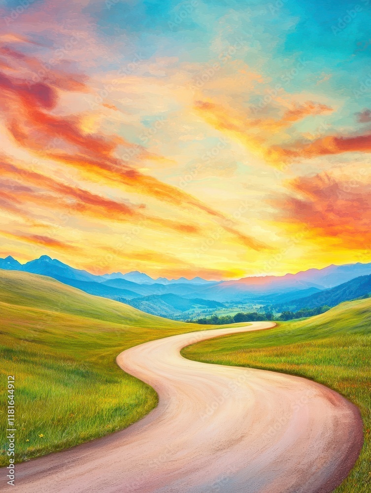 Winding road through vibrant fields under a colorful sunset sky. Winding road through vibrant fields under a colorful sunset sky.