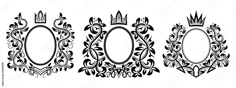 Royal-themed black vector frames with crowns and detailed floral designs. Perfect for luxury invitations, regal branding, and elegant decoration. Transparent background for versatile use. Royal-themed black vector frames with crowns and detailed floral designs. Perfect for luxury invitations, regal branding, and elegant decoration. Transparent background for versatile use.