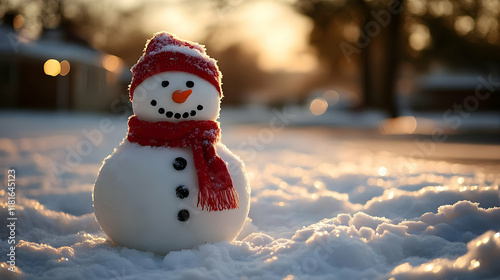 Snowman Stands in Sunset Gl...