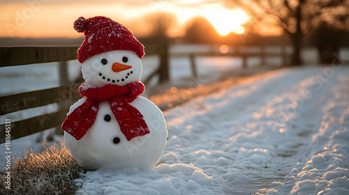 Snowman Stands by Fence at ...