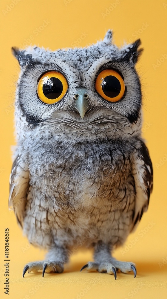 Fototapeta premium A comical owl stands with wide, surprised eyes, its fluffy feathers slightly ruffled. The bright yellow background enhances its quirky expression, giving a playful vibe that brings joy