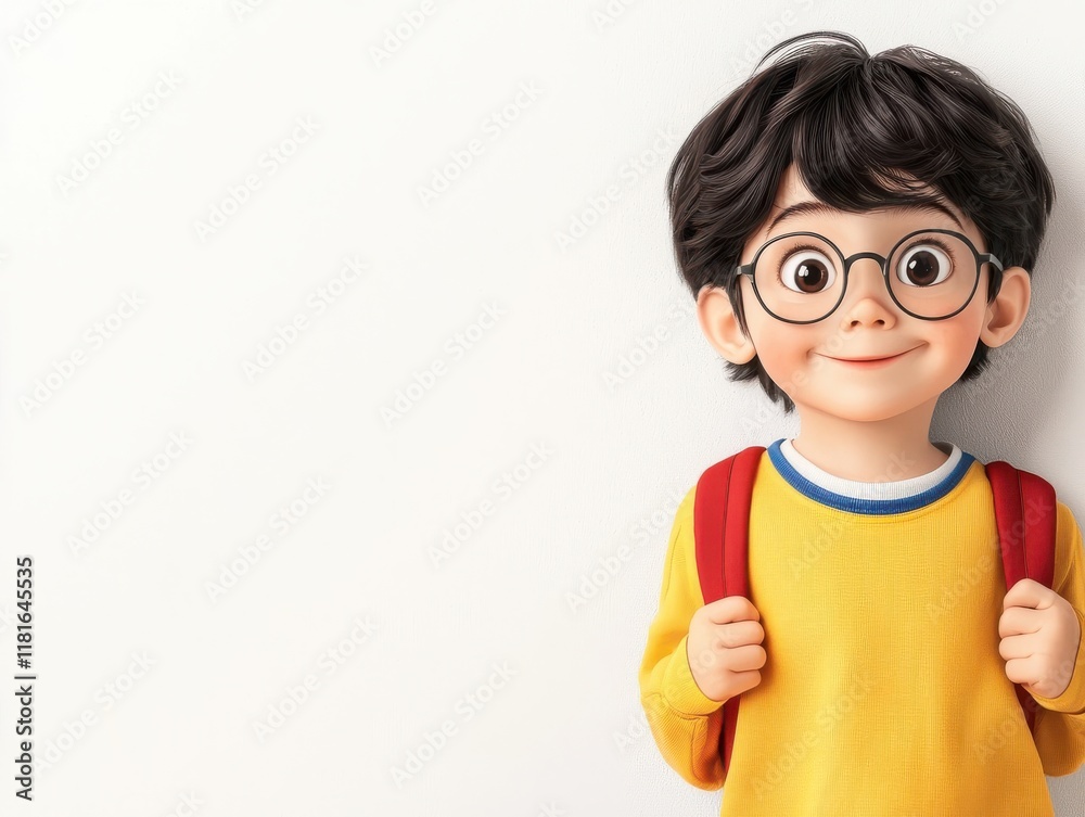Cheerful animated boy with glasses and backpack against a plain background. Cheerful animated boy with glasses and backpack against a plain background.