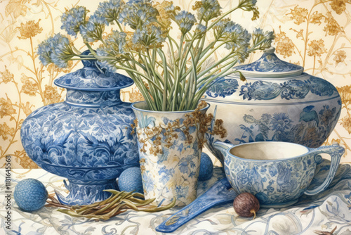 still life with blue dishes and flowers, watercolor.   