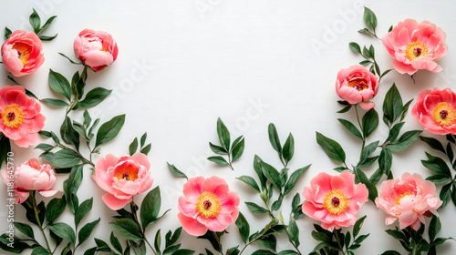 Flowers composition, flat lay, copy space. Frame made of pink flowers on white background.