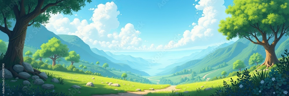 Lush Green Hills and Verdant Trees Create a Serene Animated Landscape Under a Bright Blue Sky with Fluffy Clouds Lush Green Hills and Verdant Trees Create a Serene Animated Landscape Under a Bright Blue Sky with Fluffy Clouds