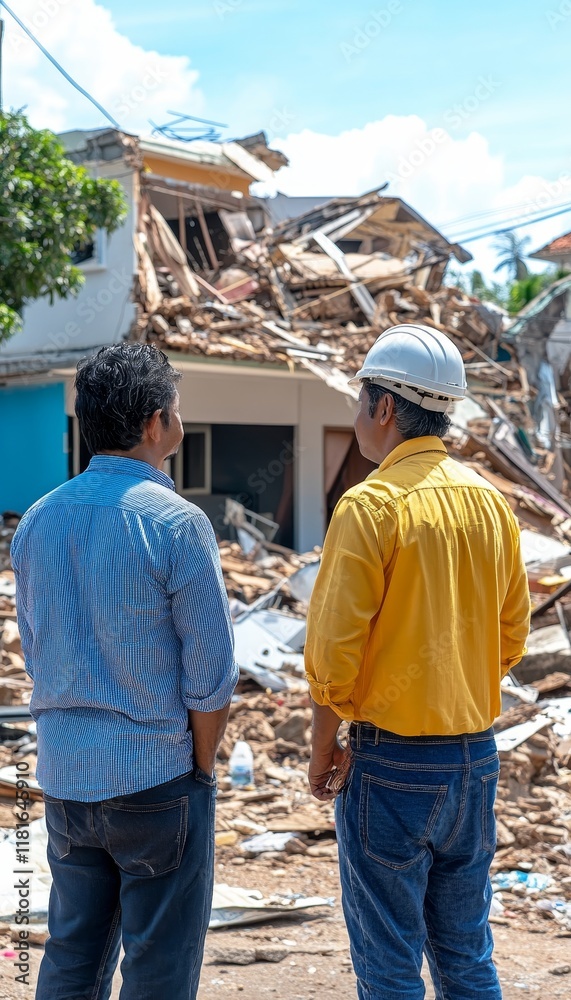 Assessing the Damage Engineer and Insurance Agent at Disaster Site, Planning Rebuild Assessing the Damage Engineer and Insurance Agent at Disaster Site, Planning Rebuild