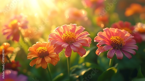 Group of zinnias in a vibrant summer garden with sunlight highlighting their colorful petals against a natural background photo