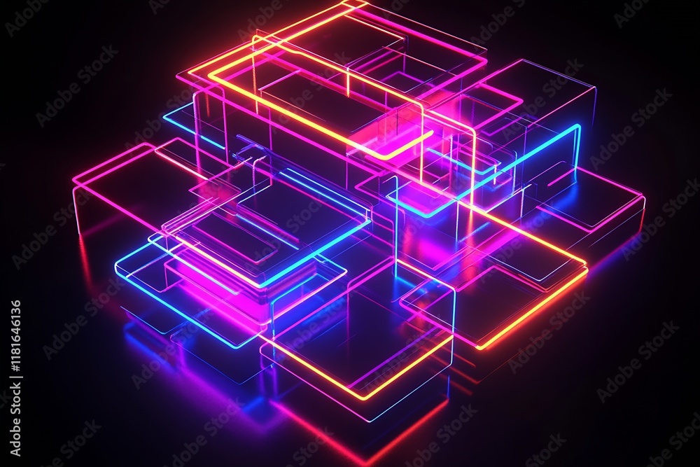 Fototapeta premium Innovative Neon Light Cube Structures in Contemporary Art Display : Generative AI