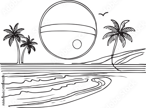 Beach Landscape in Line Art Style – Vector Art Drawing
