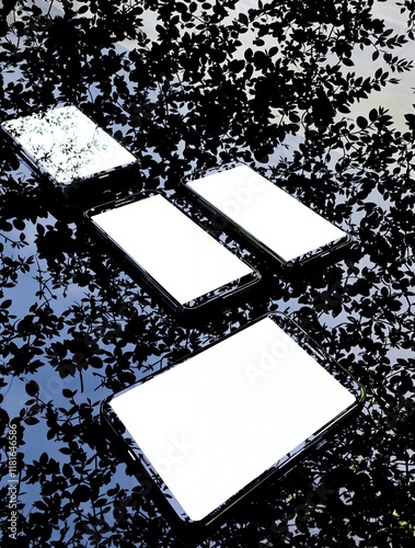 three white rectangles with black border on wet asphalt or concrete for mockup or overlay effect