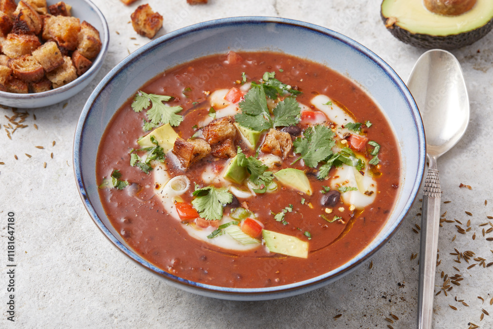 Black Bean Soup with Avocados and Croutons Black Bean Soup with Avocados and Croutons