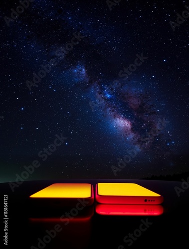 Glowing yellow and red rectangles under starry night sky with Milky Way, for overlay effect or website background