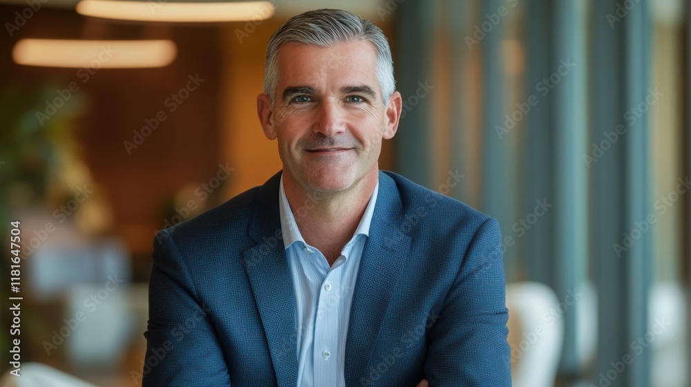 Obraz premium Confident Businessman in Suit Smiling at Modern Office Environment