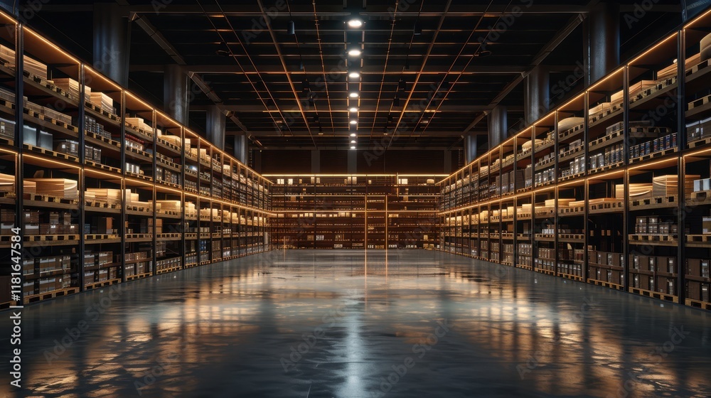 Fototapeta premium A spacious industrial storage facility with organized shelves and bright lighting during the daytime