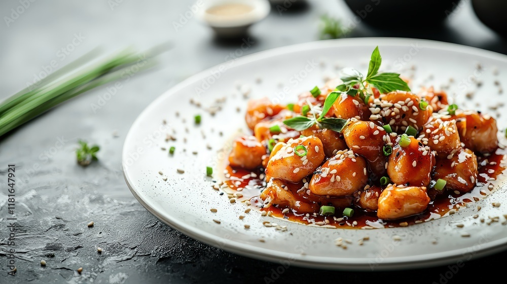 General Tso chicken elegantly arranged on a pristine plate, garnished with sesame seeds and green onions, with a luxurious dining setting and space for text. General Tso chicken elegantly arranged on a pristine plate, garnished with sesame seeds and green onions, with a luxurious dining setting and space for text.