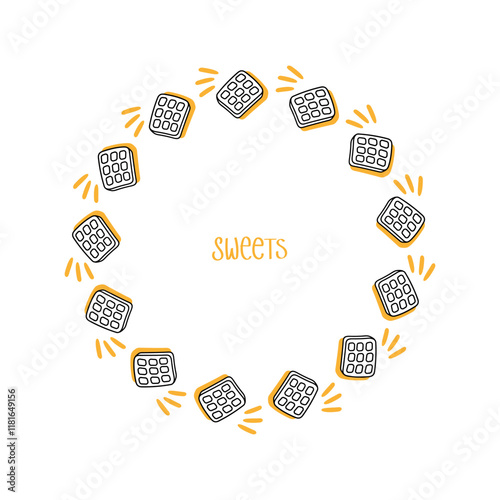 Decorative round frame with cookies. Doodle style. Linear drawing. Sweet frame.