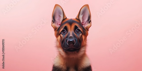 A playful German Shepherd puppy poses adorably against a soft pink background, showcasing the charming features of this beloved breed. The German Shepherd puppy is full of life and personality. photo