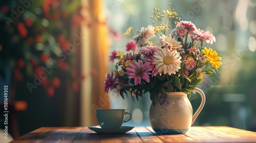 Wallpaper Mural A multicolored flower arrangement in a ceramic vase on a modern table, captured in sharp detail with soft lighting. Torontodigital.ca