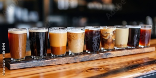 An assortment of cold brew coffee options is presented on an expansive wooden board, showcasing a delightful variety of cold brew coffee selections.