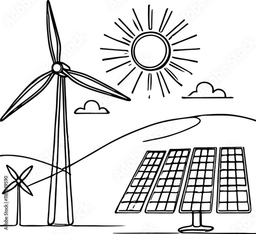 Renewable Energy Line Drawing | Wind Turbine & Solar Panel Vector Illustration