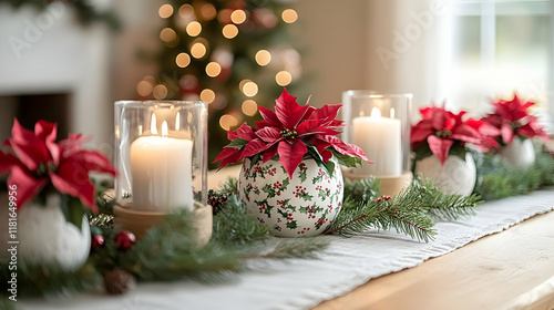 Christmas Table Decor Creates Festive Holiday Cheer with Candles and Poinsettias
